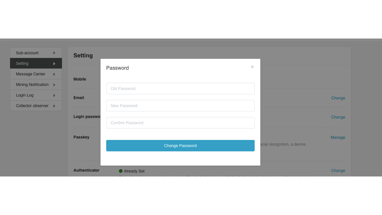 Password dialog with fields for the old password, new password, and confirmation