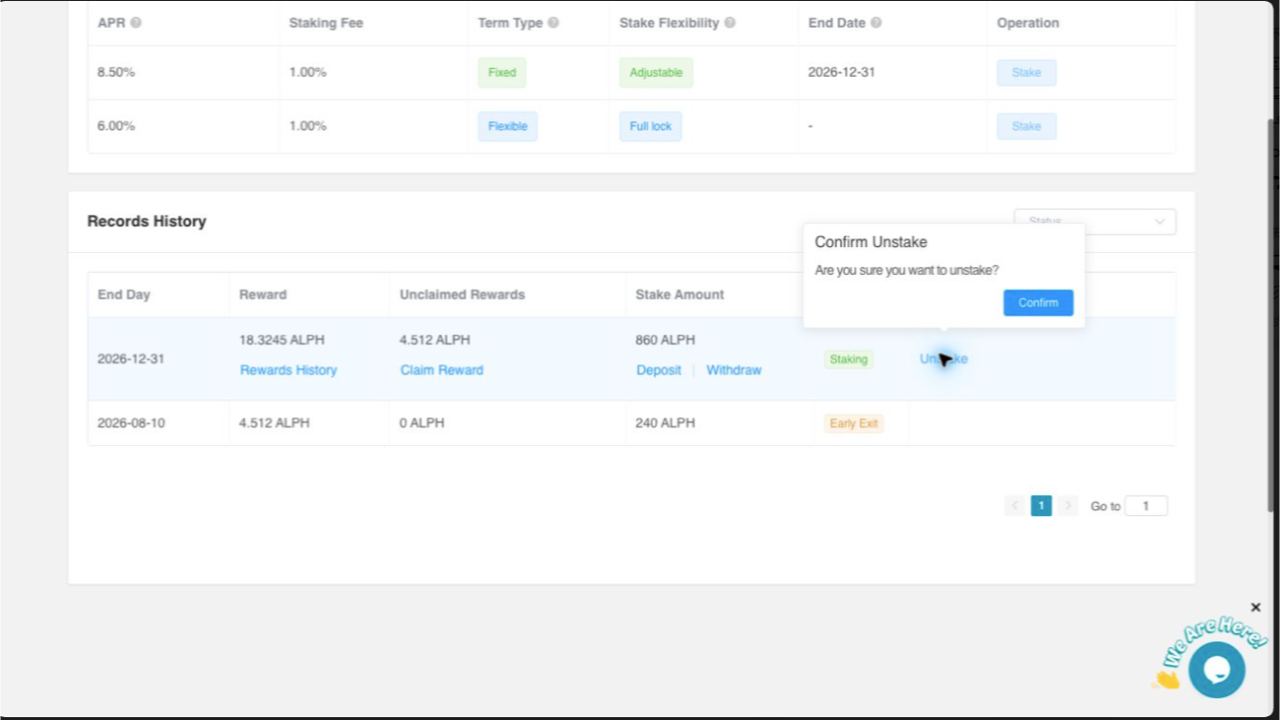 Confirm Unstake dialog for an ALPH staking record