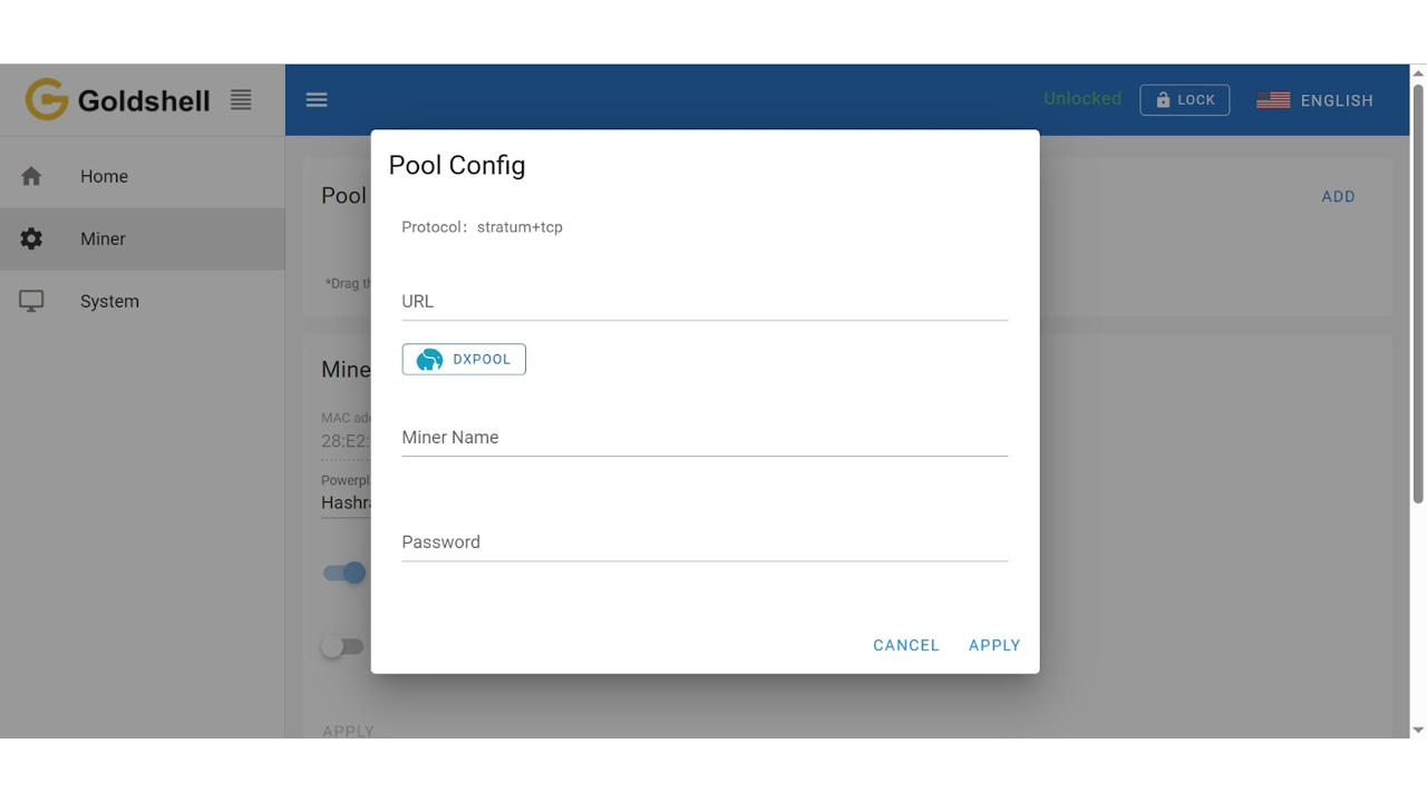Goldshell pool configuration form