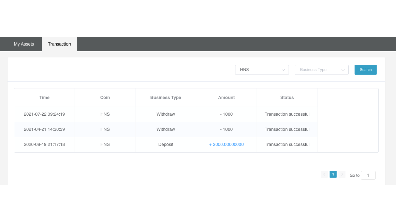 Transaction page showing filters and public transaction history