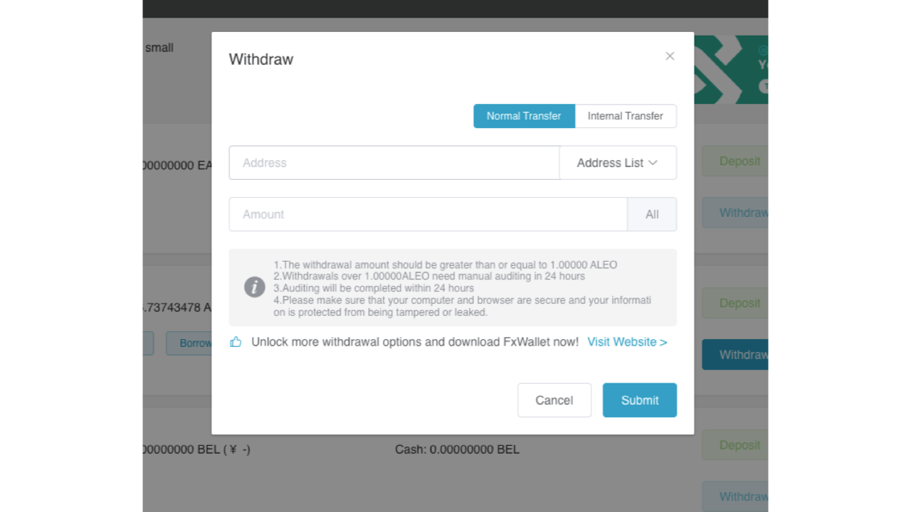 Withdraw dialog showing Normal Transfer and the Address List selector